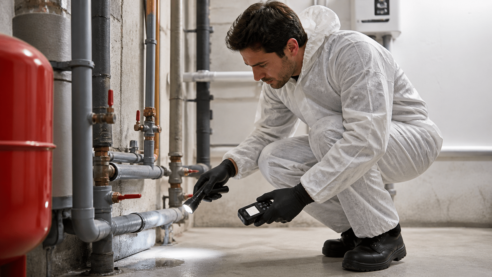 Expert désinsectisation inspectant parties communes immeuble copropriété
