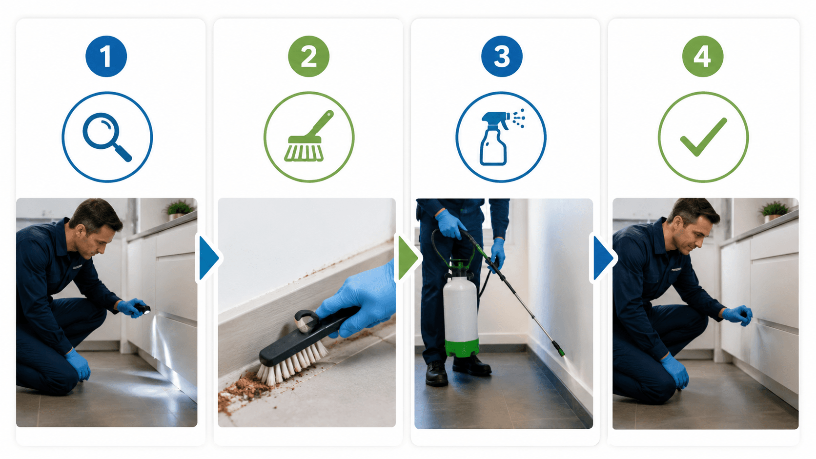 Infographie des étapes de désinfection de locaux diagnostic, nettoyage, traitement, vérification