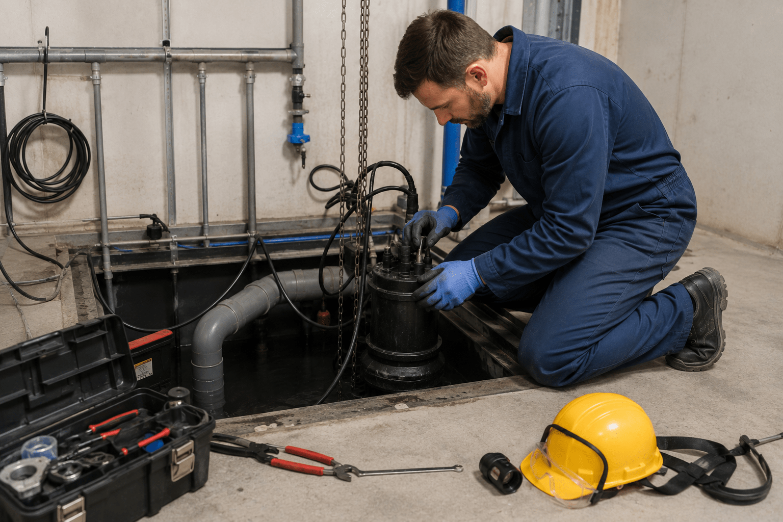 Technicien Hygiène Office intervenant sur une pompe de relevage en sous-sol Technicien Hygiène Office intervenant sur une pompe de relevage en sous-sol