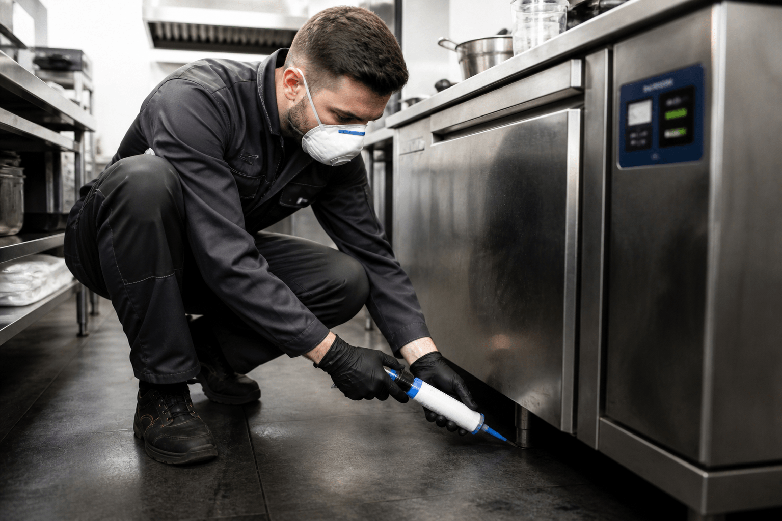Technicien Hygiène Office appliquant gel anti-cafards