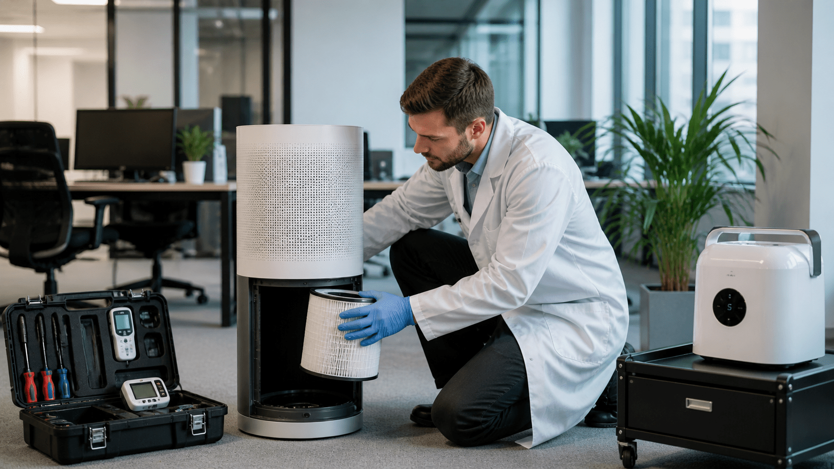 Technicien Hygiène Office installant purificateur air professionnel bureau