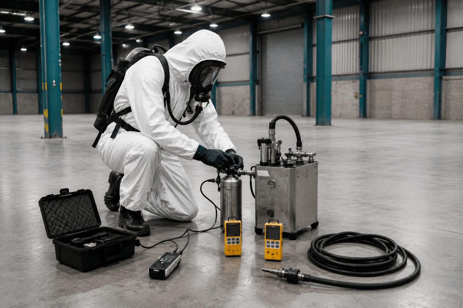 Technicien en combinaison de protection réalisant une fumigation de bâtiment industriel