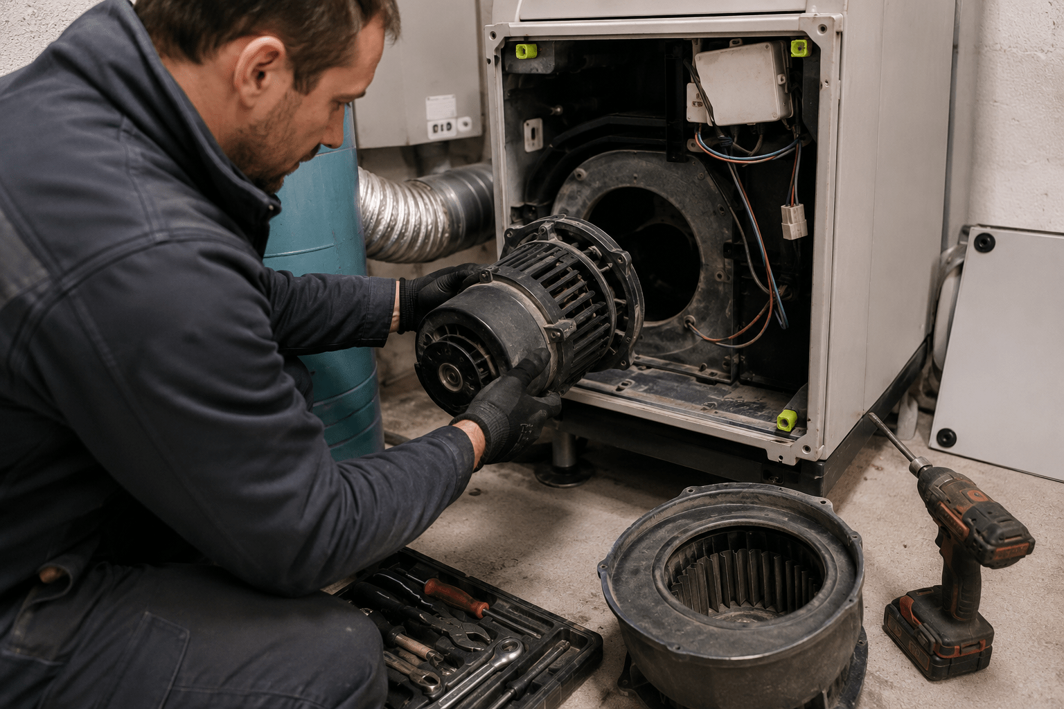 Technicien procédant au remplacement d'un moteur VMC