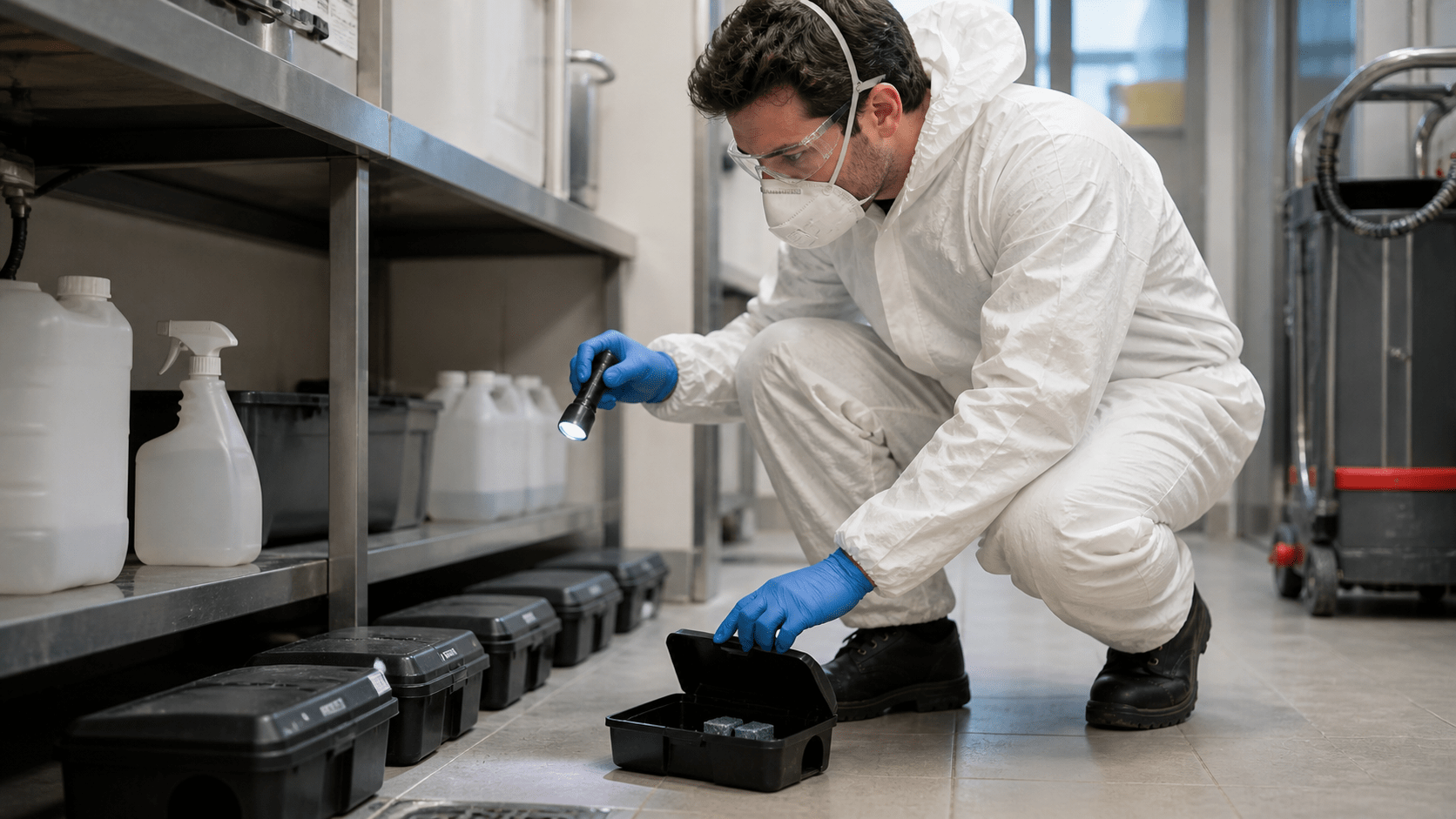 Technicien professionnel effectuant une dératisation avec équipements de protection