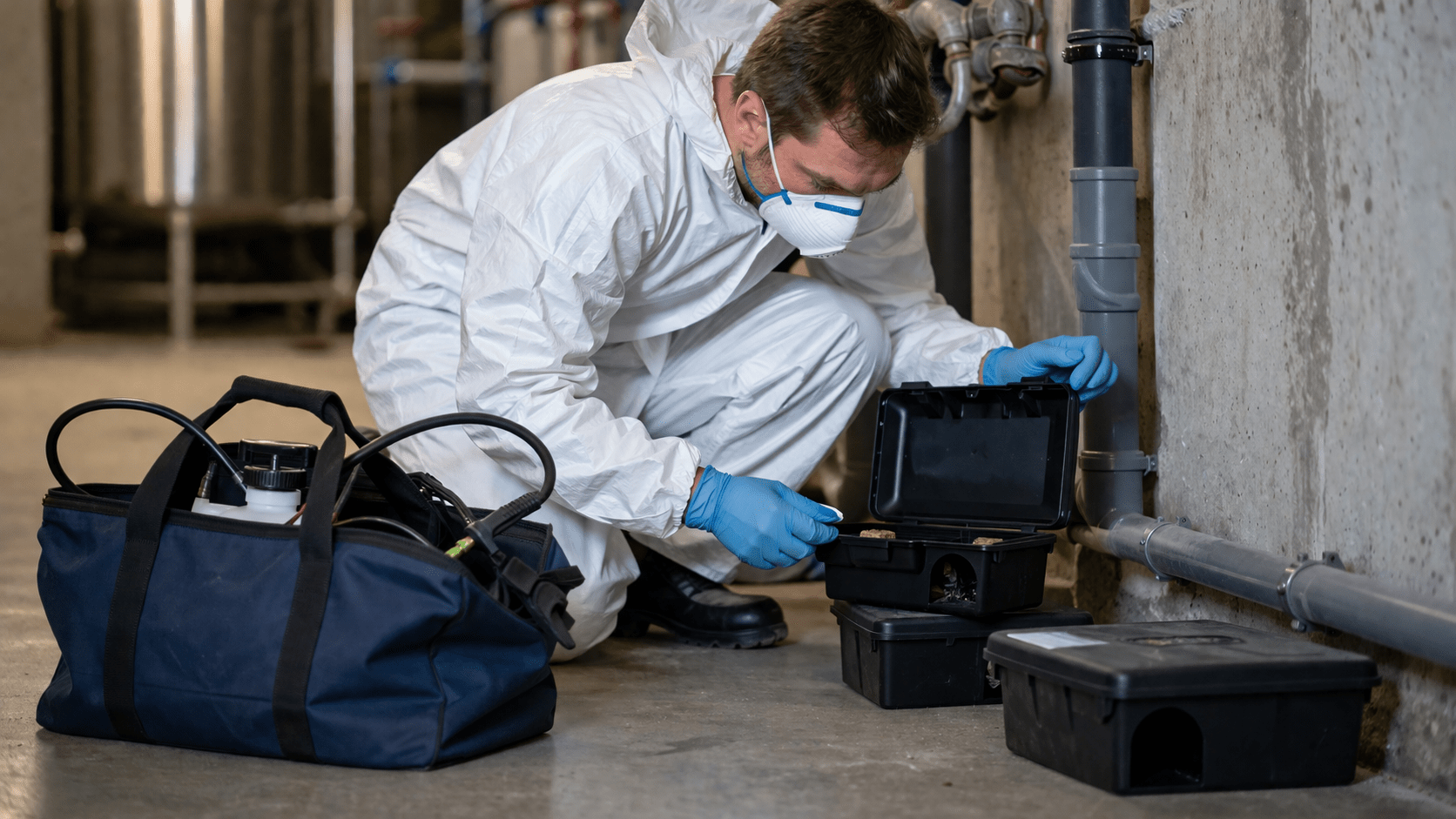 Technicien professionnel effectuant une dératisation avec équipements de protection