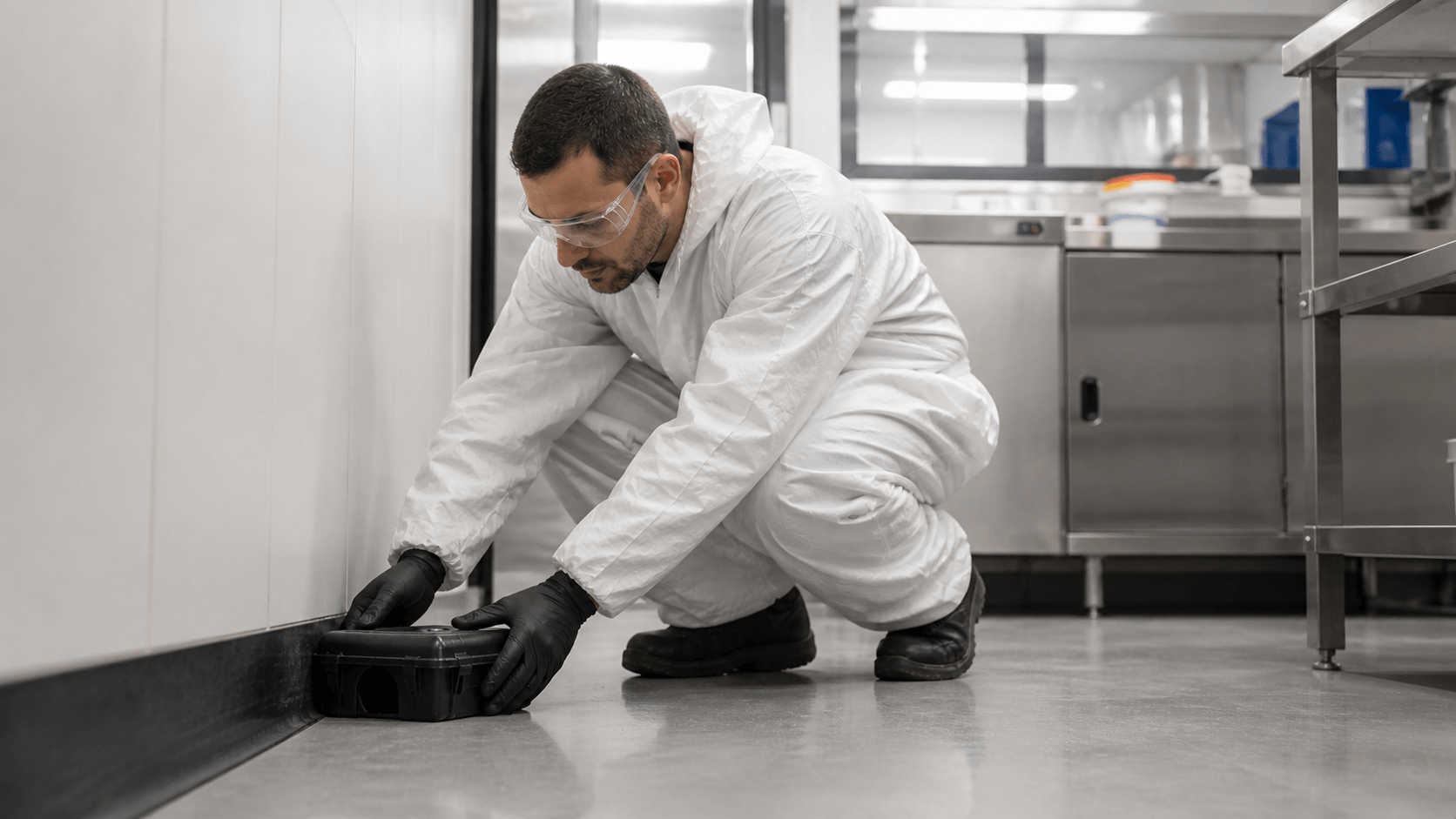 Technicien professionnel plaçant des appâts anti-rats sécurisés