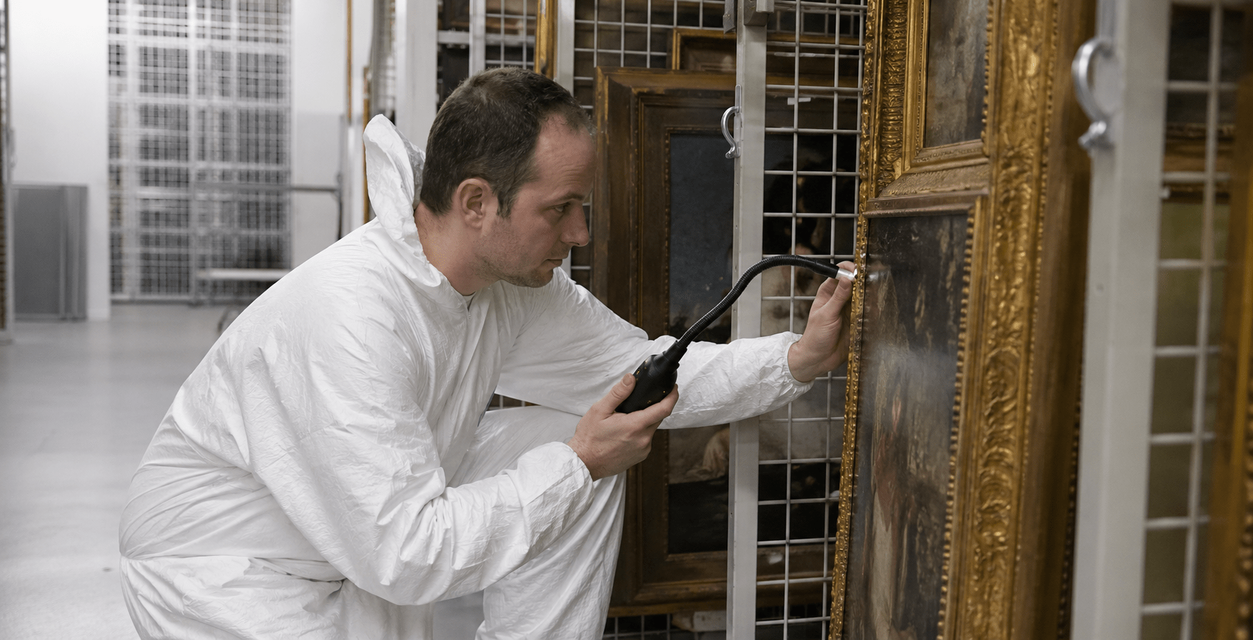 Technicien spécialisé effectuant un audit entomologique dans une réserve de musée
