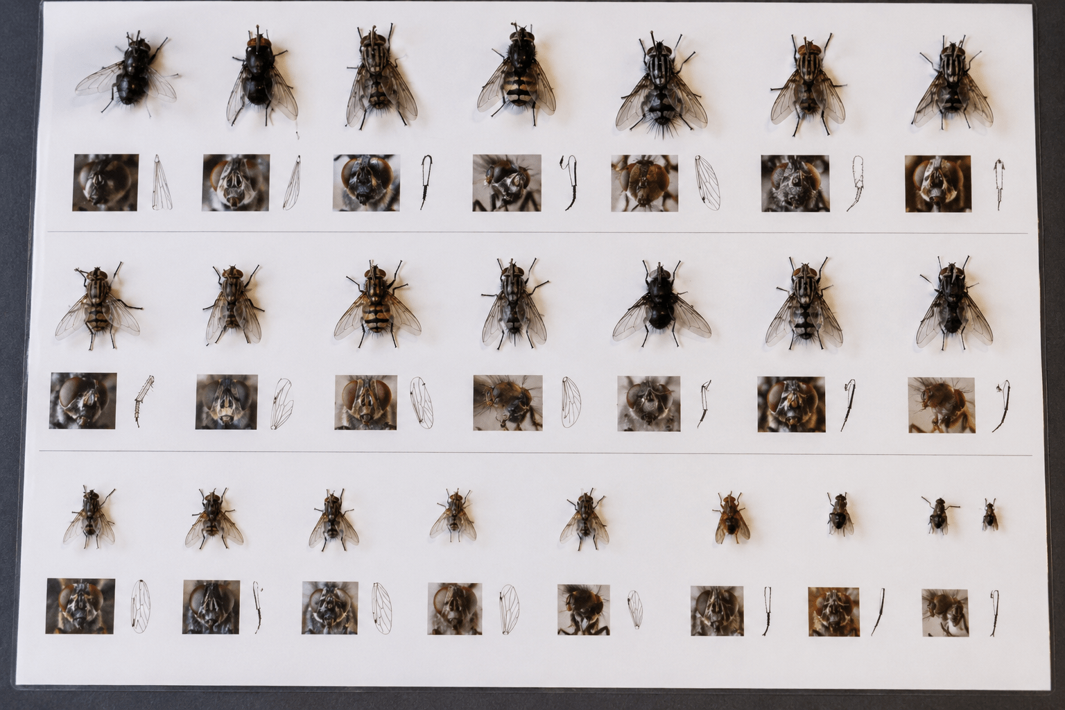 différentes espèces de mouches et moucherons sur fond blanc pour identification