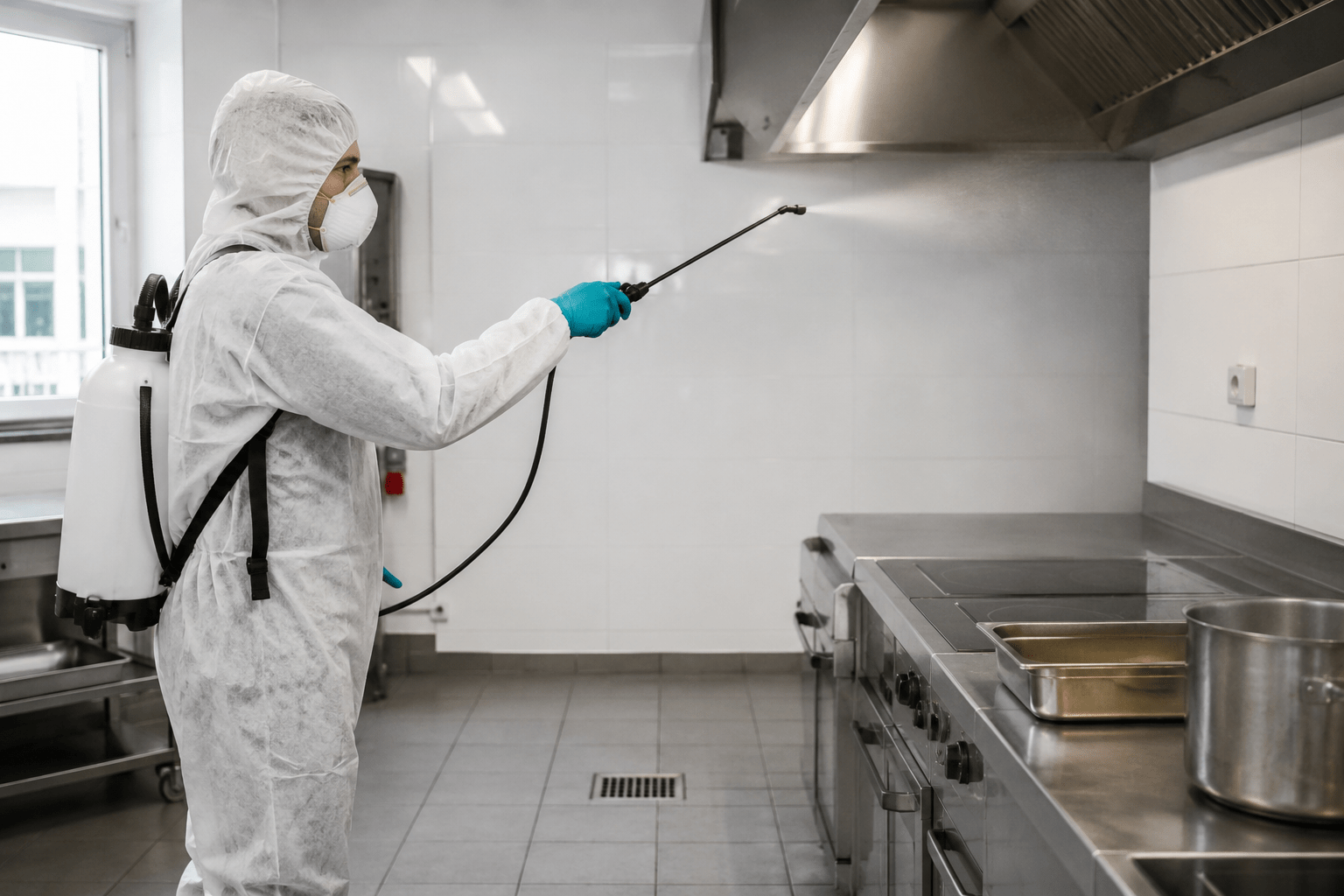 technicien professionnel effectuant une désinsectisation de mouches dans une cuisine