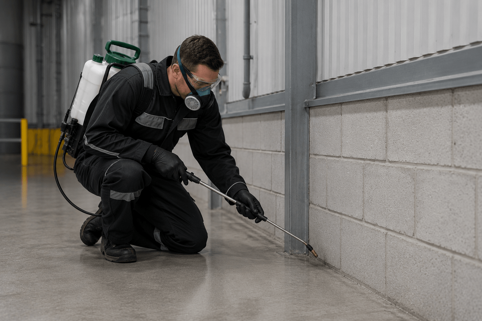 technicien professionnel en combinaison effectuant traitement antiparasitaire entreprise