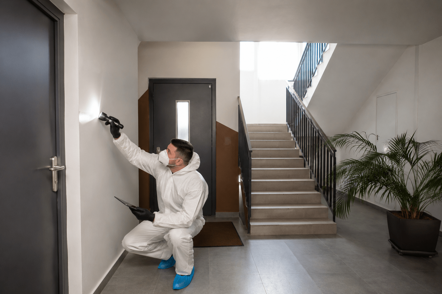 technicien professionnel réalisant inspection désinsectisation immeuble locatif