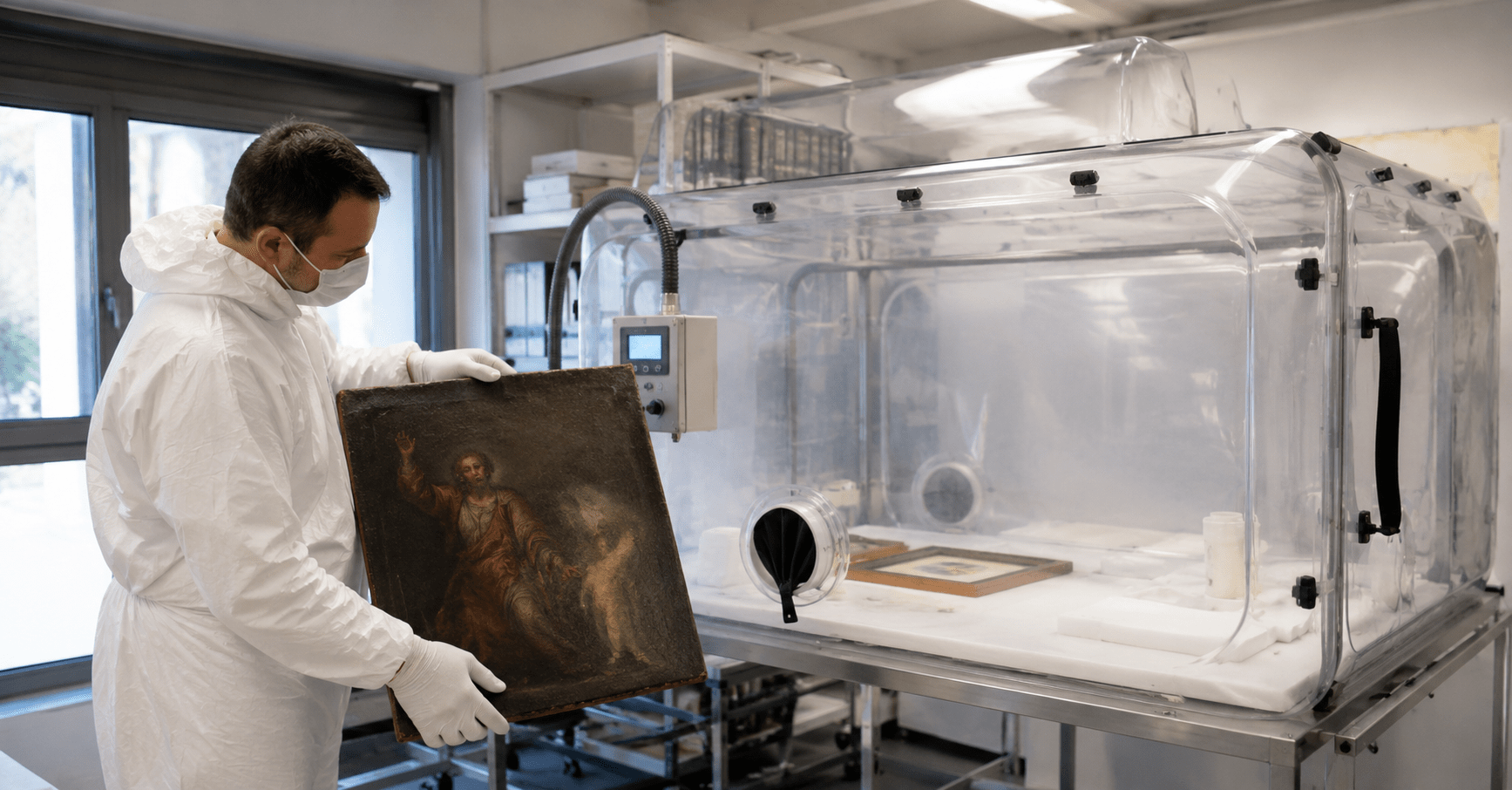 technicien spécialisé traitant œuvre d'art par anoxie dans atelier restauration
